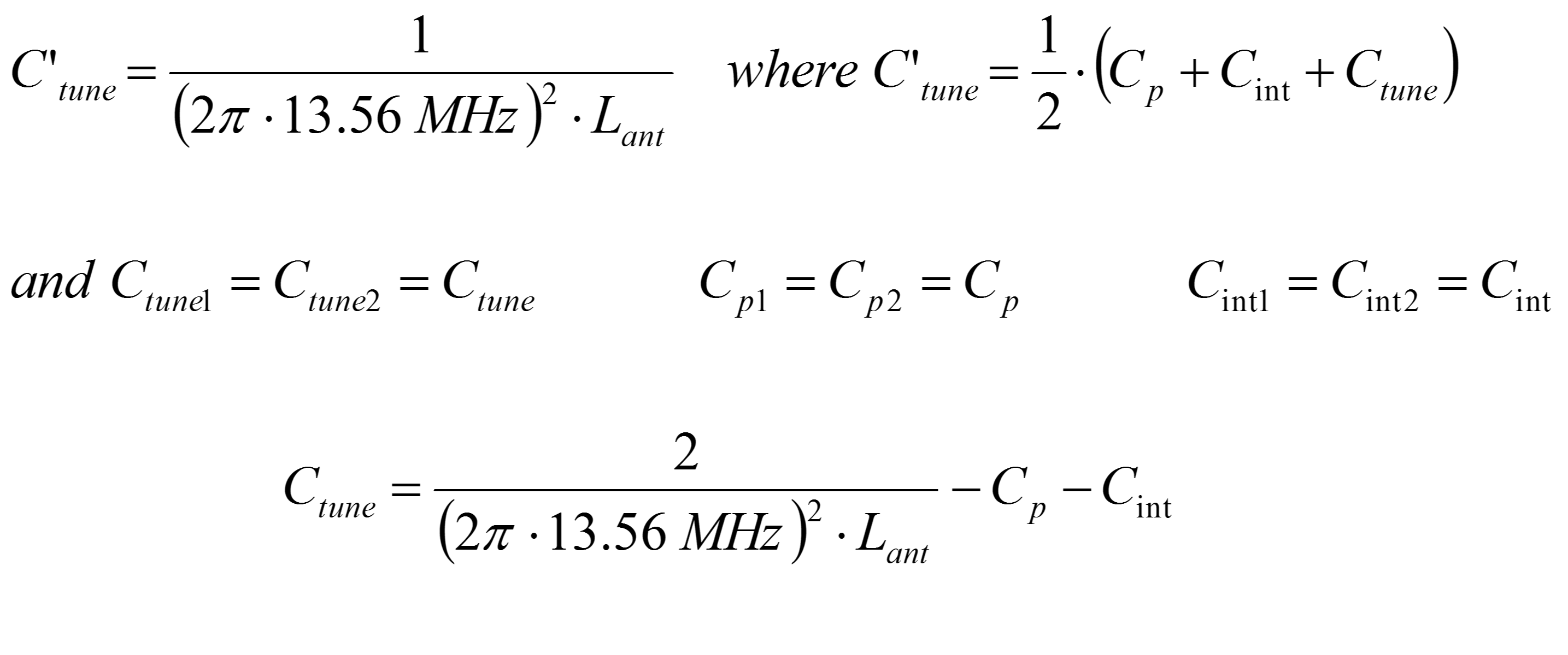 Equations for calculating the required tuning capacitor value