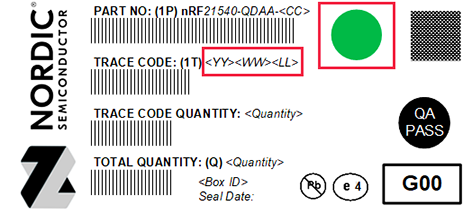 Trace code and green sticker on nRF21540 label