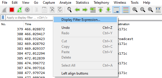 Screenshot showing how to open the Expression menu of the Wireshark interface