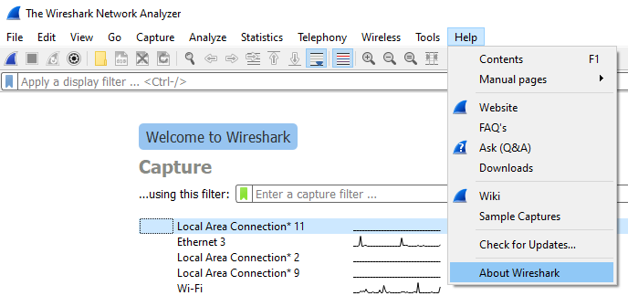 Screenshot of the Help > About Wireshark menu