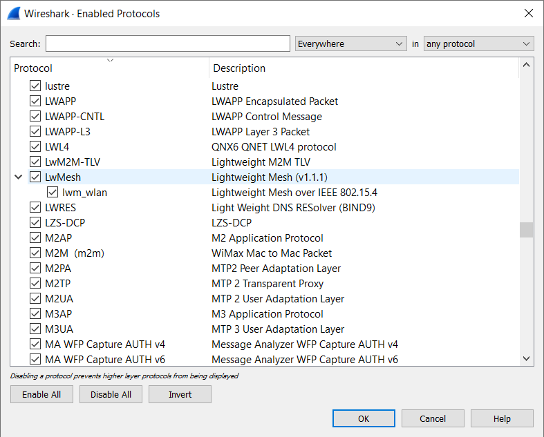 Screenshot of the Wireshark Enabled Protocols section