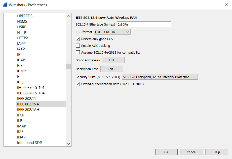 Screenshot of the Wireshark Preferences section for IEEE 802.15.4