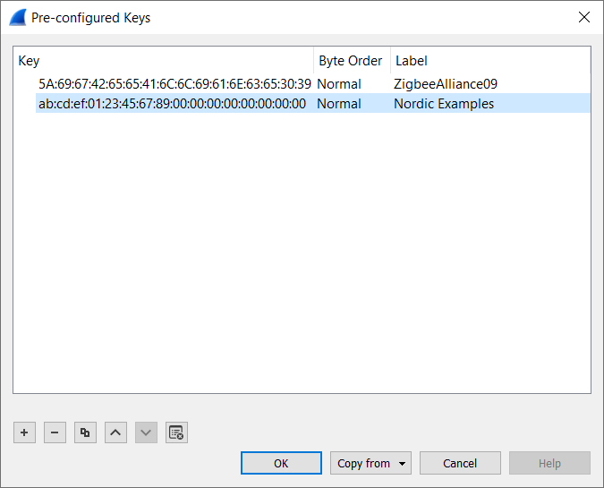 Screenshot of the Wireshark Pre-configured Keys section for Zigbee