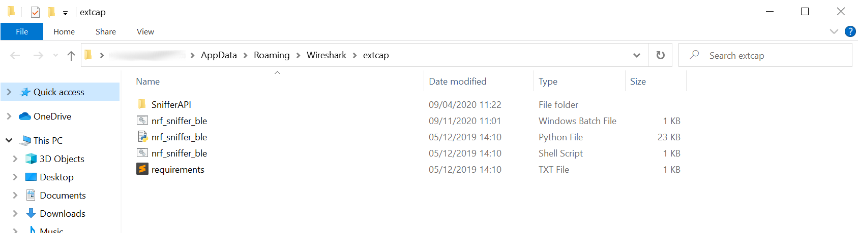 Screenshot showing the contents of the personal extcap folder