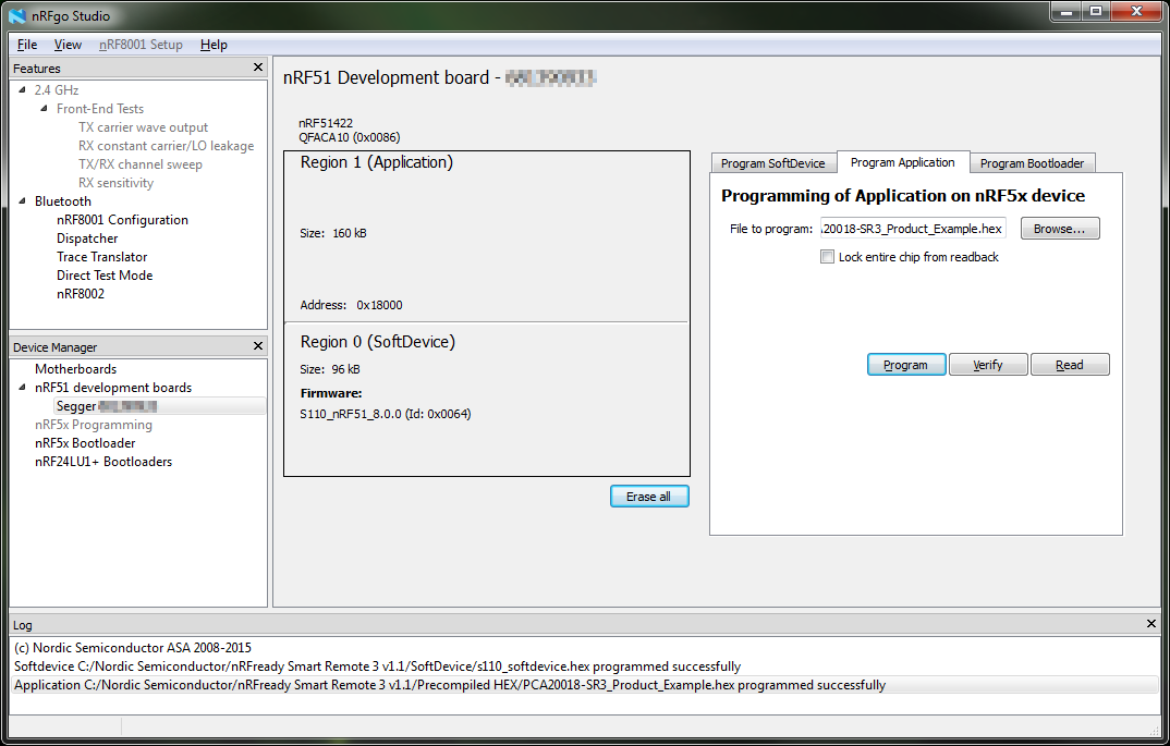 Screenshot: nRFgo Studio with Program Application tab selected