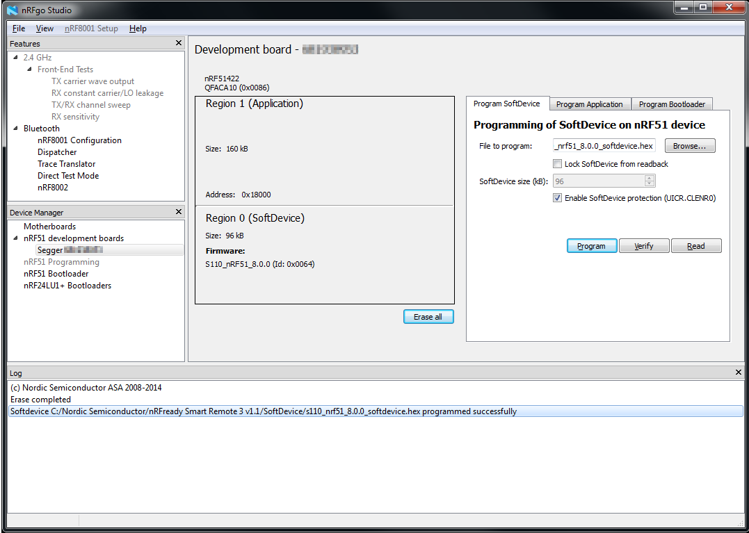 Screenshot: nRFgo Studio Program with SoftDevice tab selected