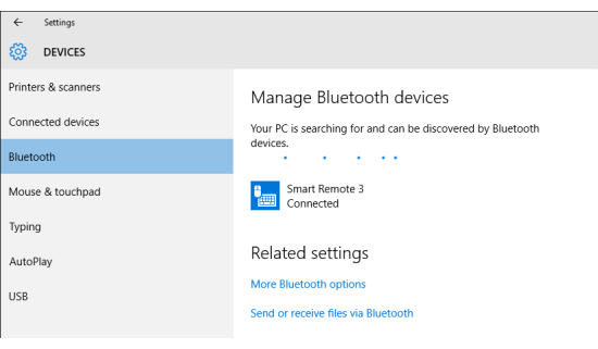Screenshot: Device shown connected in the list of Bluetooth devices